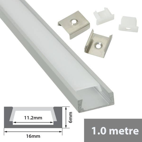 Fluxia AL1-S1606 Aluminium LED Tape Profile, 1 metre Shallow Section with Frosted Diffuser