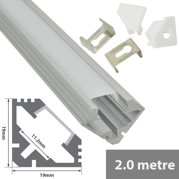 Fluxia AL2-A1919 Aluminium LED Tape Profile, 2 metre with Frosted 45 Degree Angled Diffuser