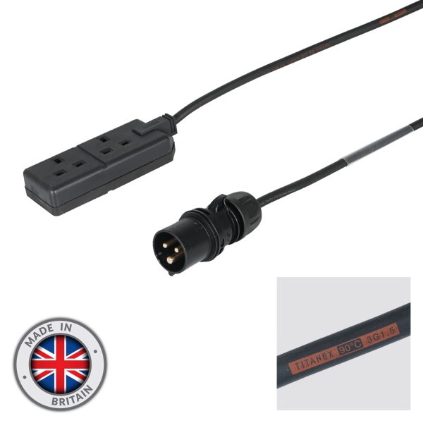 elumen8 0.5m 1.5mm PCE Black 16A Plug to 2 Gang 13A Socket Cable