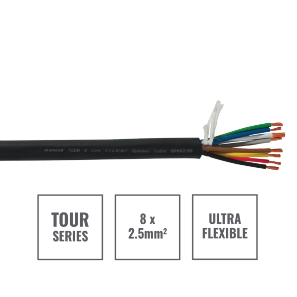 elumen8 TOUR 8 Core 8 x 2.5mm2 Speaker Cable SP8X2.5B, 100m Drum Black