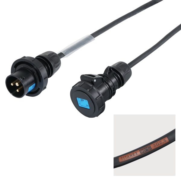 PCE 10m 2.5mm IP67 Black 16A Male - 16A Female Cable