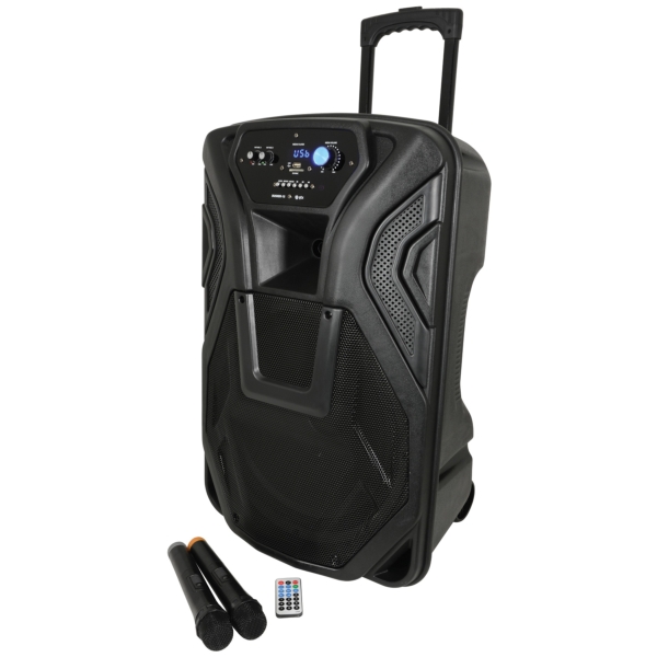 QTX BUSKER-15 Portable PA with VHF Mics & USB/SD/FM/BT Media Player, 100W