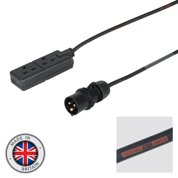 elumen8 1m 1.5mm PCE Black 16A Plug to 2 Gang 13A Socket Cable