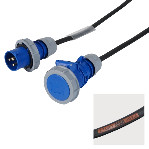PCE 1m 2.5mm IP67 Blue 16A Male - 16A Female Cable