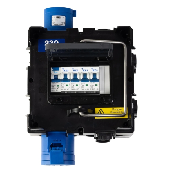 PCE IMST Distribution Box 32A 240V In, 4 x TR1 IP65 + 1 x 32A Out