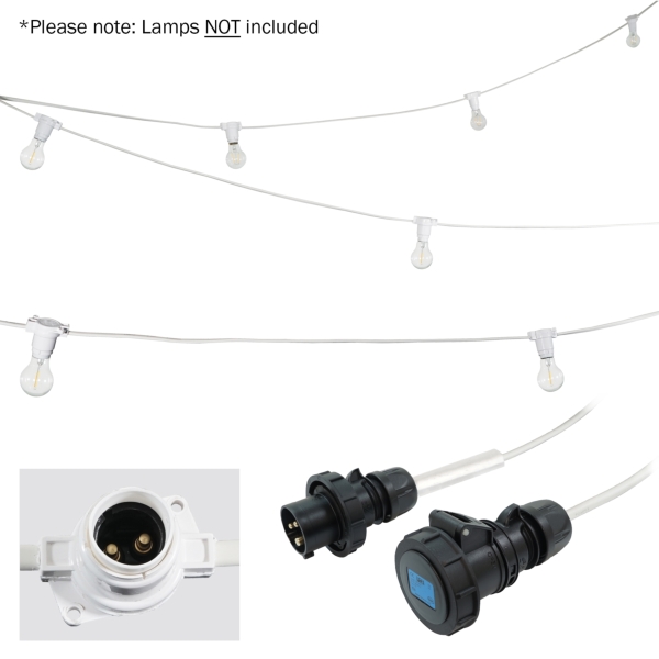 eLumen8 25m BC Heavy Duty White Rubber Festoon, 0.5m Spacing with 16A Plug and Socket