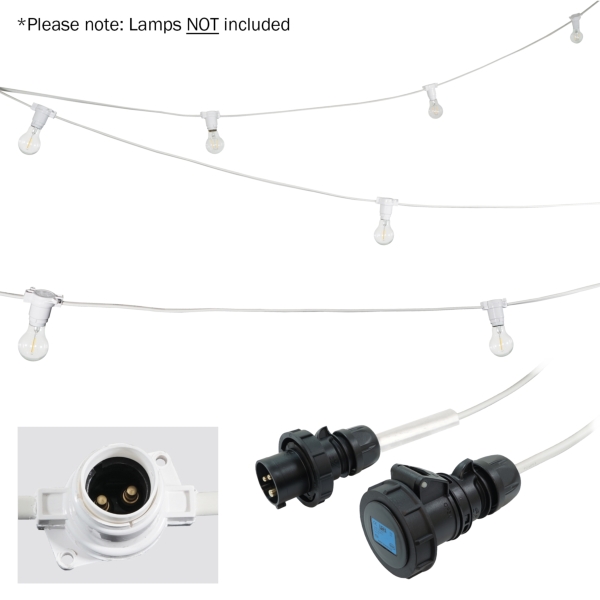 elumen8 25m BC Heavy Duty White Rubber Festoon, 0.5m Spacing with 16A Plug and Socket