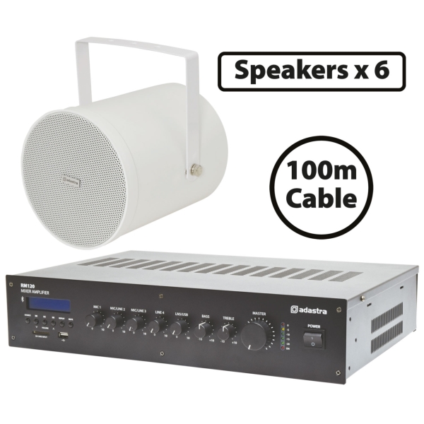 Adastra 6x WSP25-W Waterproof Sound Projectors with RM120 Mixer Amplifier Package - White