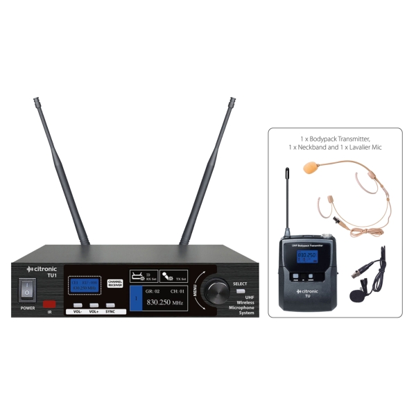 Citronic TU1-N PLL Tuneable UHF Wireless Microphone System with Bodypack - Channel 65/70