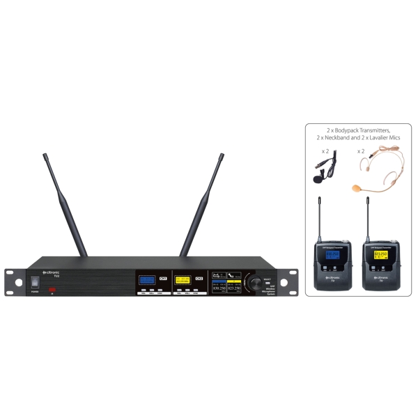 Citronic TU2-N Dual PLL Tuneable UHF Wireless Microphone System with Bodypacks - Channel 65/70