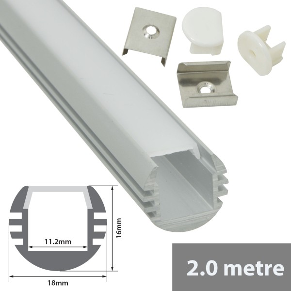 Fluxia AL2-A1816 Aluminium LED Tape Profile, 2 metre Round Section with Frosted Diffuser
