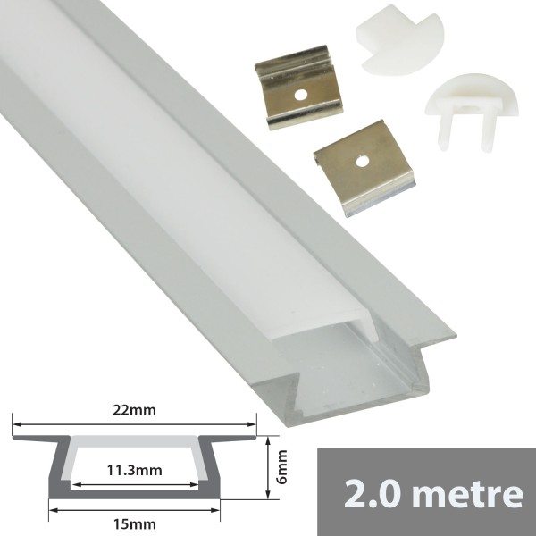 Fluxia AL2-F2206 Aluminium LED Tape Profile, Recess 2 metre with Frosted Diffuser