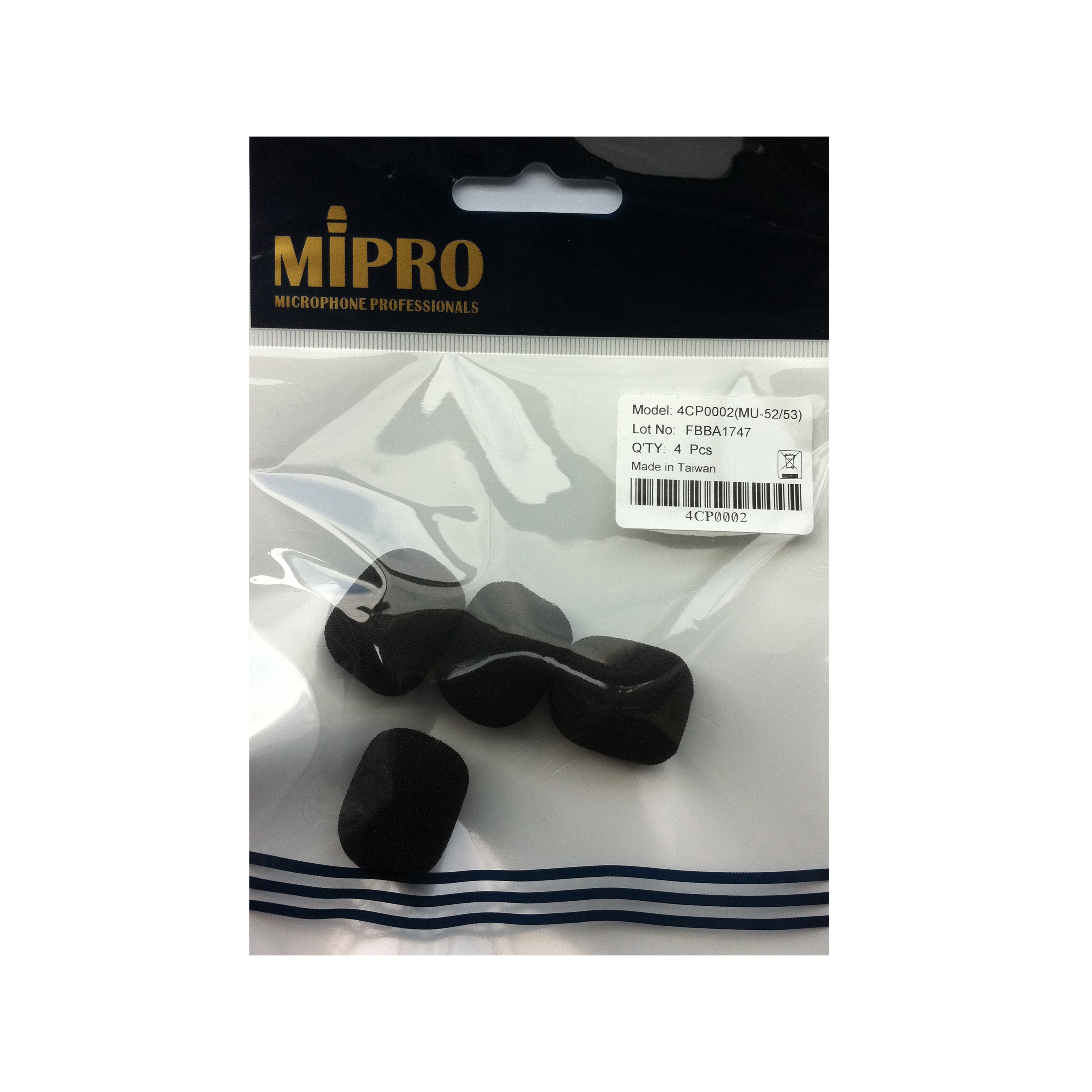 MiPro 4CP0002 Foam Pop Shield for MiPro MU-53L & MU-53H/MH-53HN Headset Microphones (Pack of 4) - Black