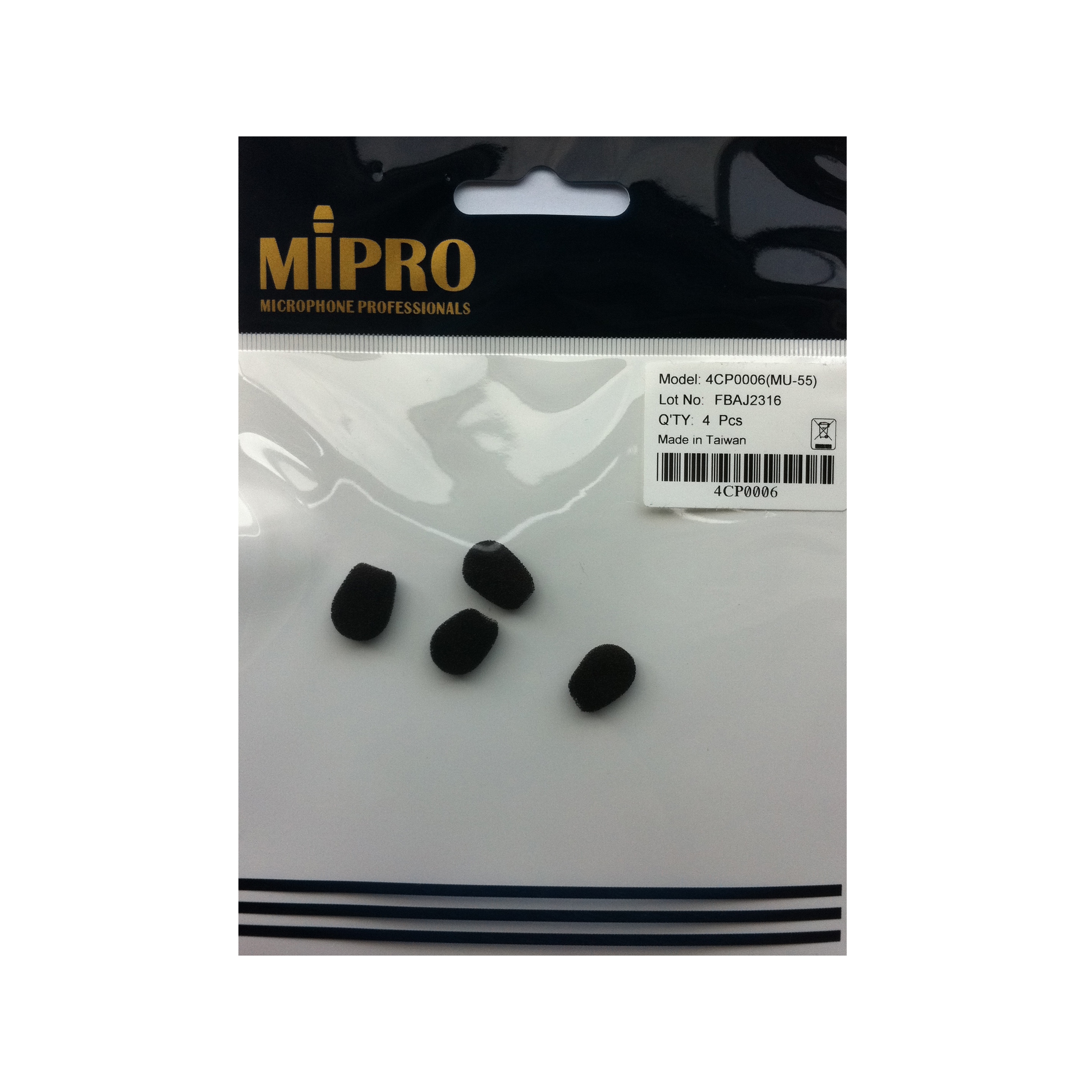 MiPro 4CP0006 Foam Pop Shield for MiPro MU-55L & MU-55HN Headset Microphones (Pack of 4) - Black