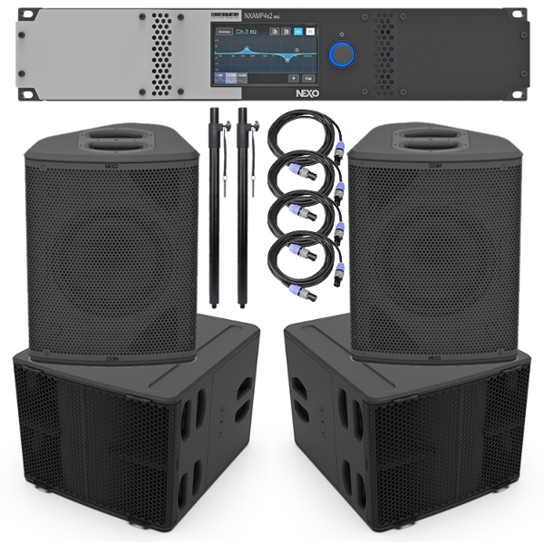 Nexo 2x P+10 Top Boxes, 2x L15 Sub Bass Cabinets, Nexo NXAMP4X2MK2 Controller/Amplifier Inclusive System Package