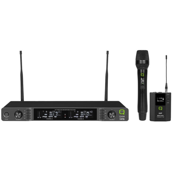 Q-Audio QWM 1970 HH BP Dual Channel Diversity Handheld/Bodypack Wireless System, Channel 38