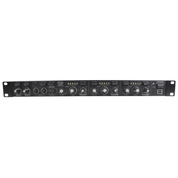Q-Audio QZONE83 Zone Mixer 5 Stereo Channels + 2 Microphone Channel with Talk Over into 3 Output Zones