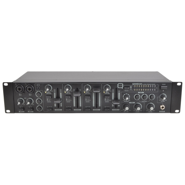 Q-Audio QZONE102 Zone Mixer 4 Dual Stereo Channels + 2 Microphone Channel with Talk Over into 2 Output Zones