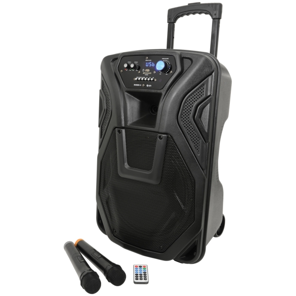 QTX BUSKER-12 Portable PA with VHF Mics & USB/SD/FM/BT Media Player, 80W