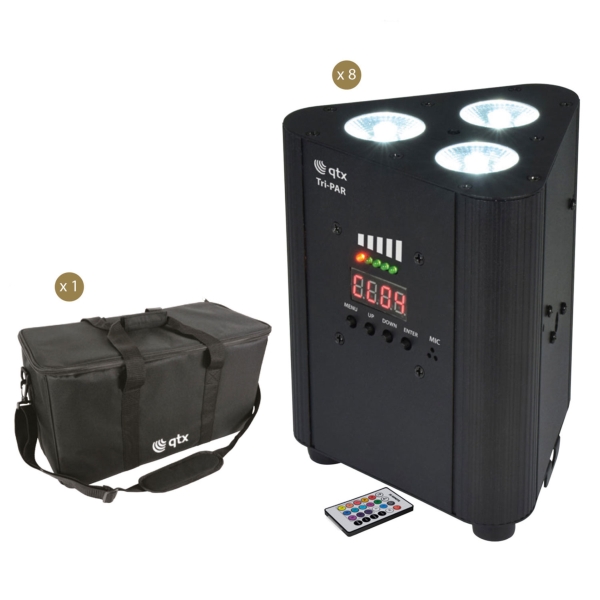 QTX Tri-PAR Rechargeable Triple PAR Uplighter (Pack of 8) and Bag